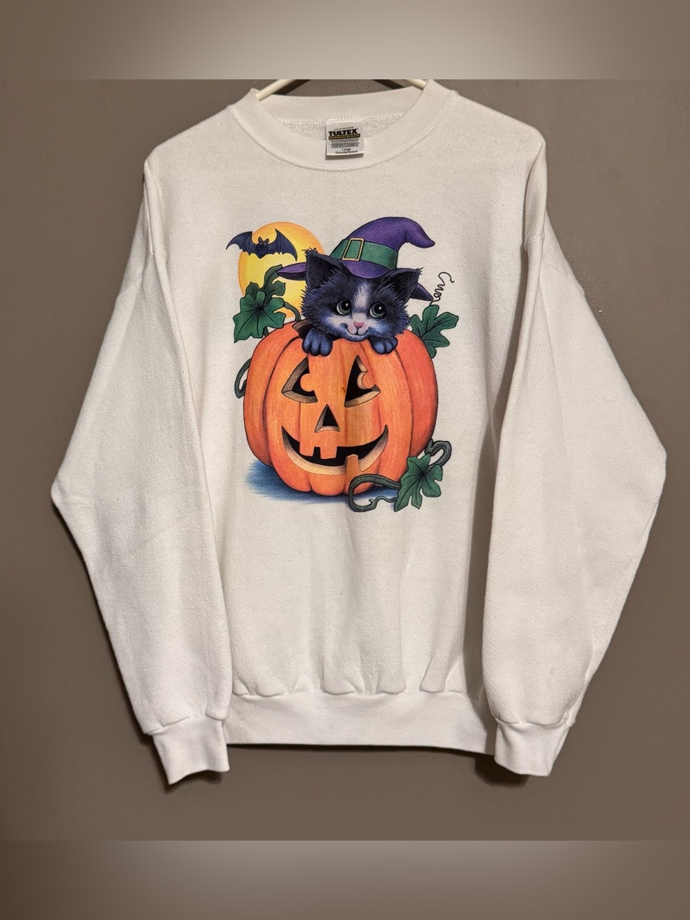 Vintage 90s Tultex Crewneck Halloween Cat In Pumpkin Trick Or Treat Adult Large